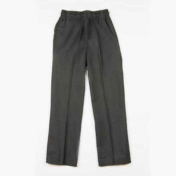 Full-length view of dark grey Scags boys’ school pants in melange fabric with elastic waist and side pockets