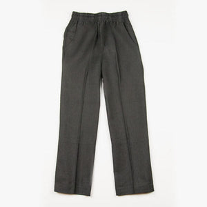 Full-length view of dark grey Scags boys’ school pants in melange fabric with elastic waist and side pockets