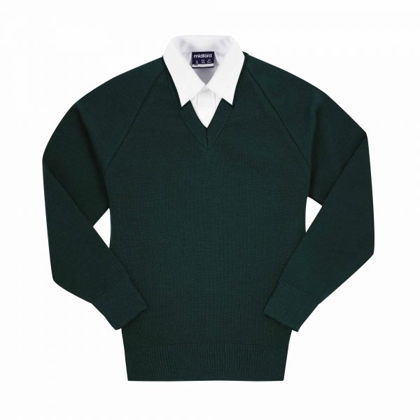 Jumper  V Neck Wool bottle green School Uniform