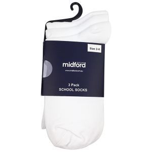 Three pairs of white school socks on a hanger with a Midford label.