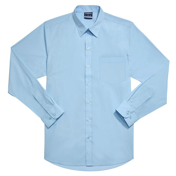 A long sleeve boy's school uniform shirt in a light blue color, buttoned at the collar and displayed on a plain background.