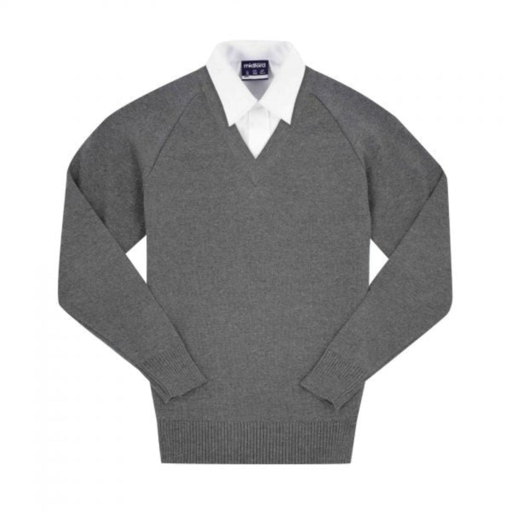 Midford V-Neck Cotton School Jumper in Grey – durable cotton blend, soft knit, machine washable school uniform jumper. 