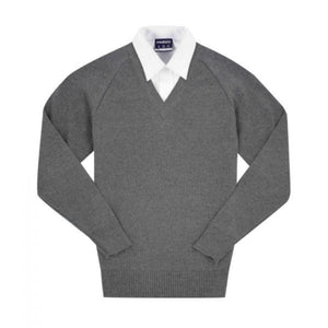 Midford V-Neck Cotton School Jumper in Grey – durable cotton blend, soft knit, machine washable school uniform jumper. 