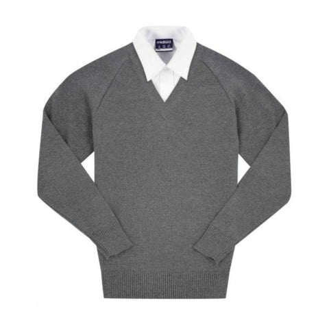 Midford V-Neck Cotton School Jumper in Grey – durable cotton blend, soft knit, machine washable school uniform jumper. 