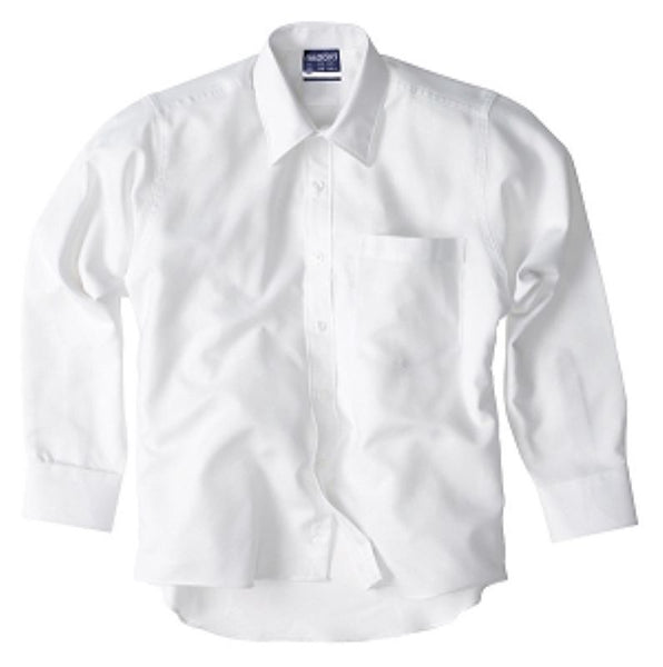 A long sleeve boy's school uniform shirt in a white color, buttoned at the collar and displayed on a plain background.