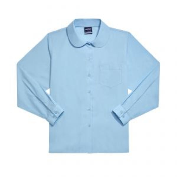 Midford Girls Peter Pan Blouse in Sky Blue – classic school blouse with Peter Pan collar, durable polyester/cotton front view.