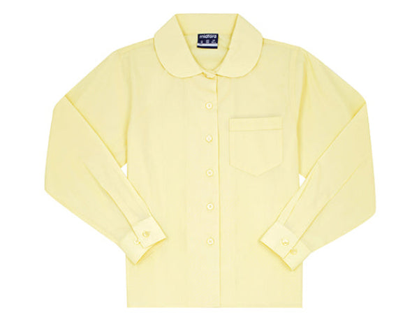 Midford Girls Peter Pan Blouse in Lemon – classic school blouse with Peter Pan collar, durable polyester/cotton front view.