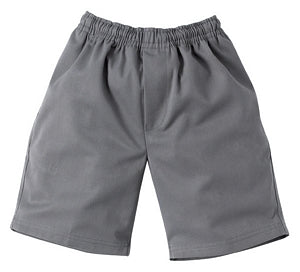 Midford Boys Elastic Waist School Shorts in Grey – elastic waist, Velcro pocket, durable gaberdine. Front flat view.